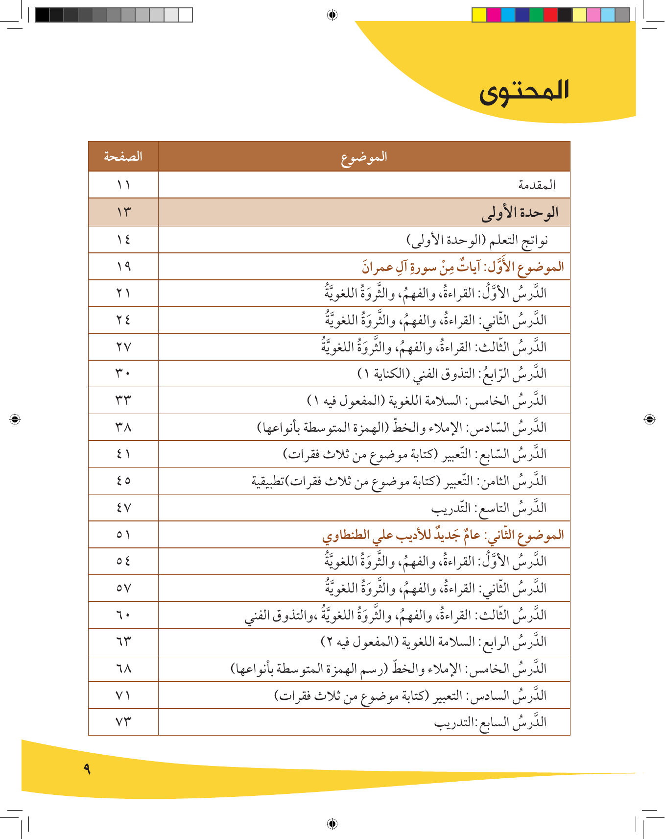 Kuwaiti Arabic Curriculum — Grade 9, Term 1 (لغتي العربية), page 10 — original page scan