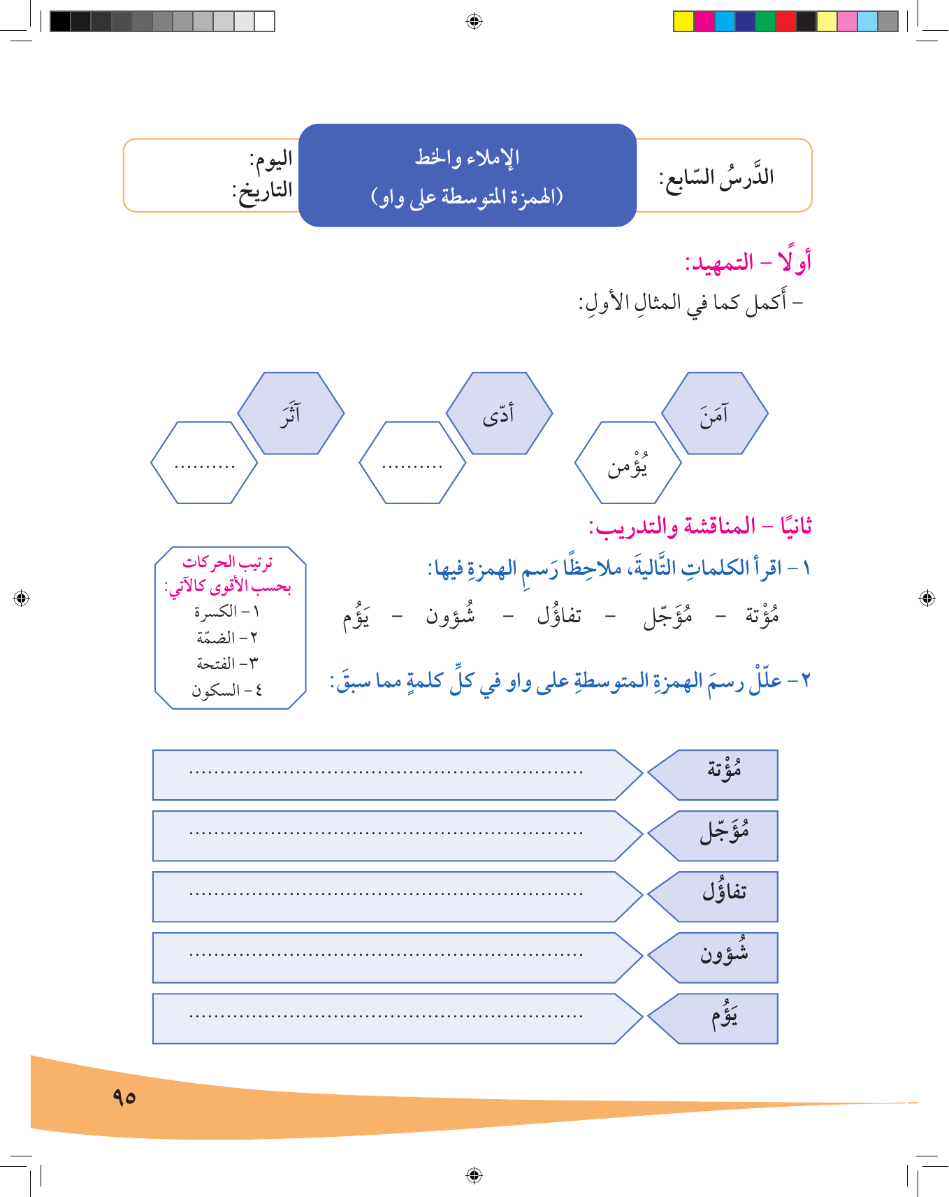Kuwaiti Arabic Curriculum — Grade 7, Term 1 (لغتي العربية), page 96 — original page scan