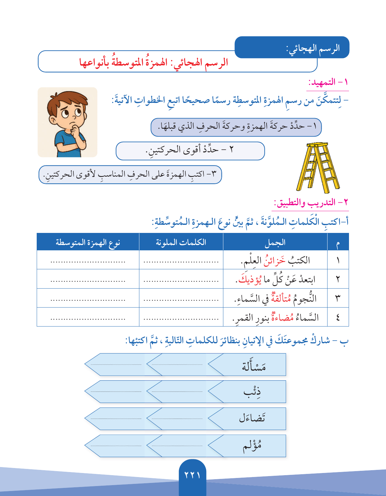 Kuwaiti Arabic Curriculum — Grade 5, Term 1 (لغتي العربية), page 222 — original page scan