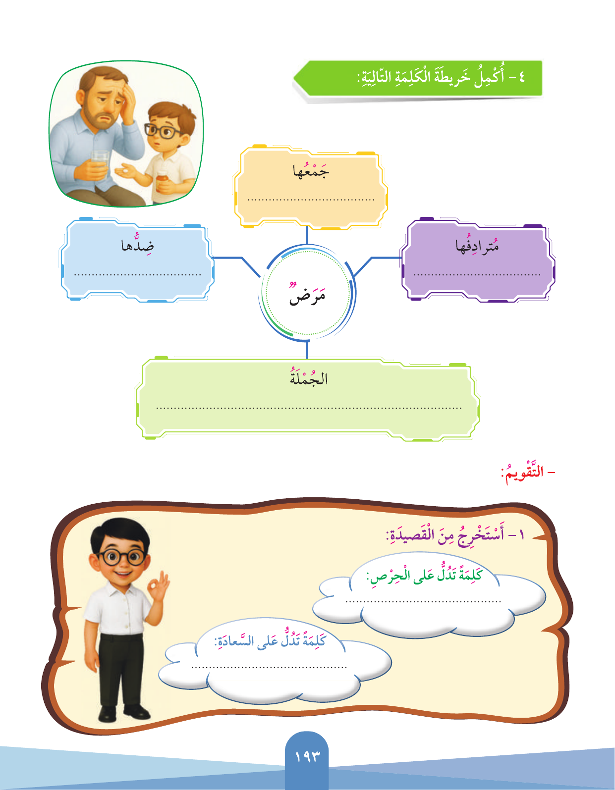 Kuwaiti Arabic Curriculum — Grade 3, Term 1 (لغتي العربية), page 195 — original page scan